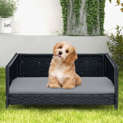 Dreamade Wicker Dog Bed, Raised Woven Rattan Pet Bed Sofa Couch w/Waterproof & Washable Cushion