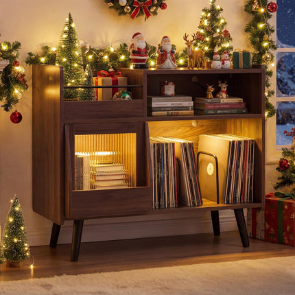 Dreamade Record Player Stand with LED Light and Power Outlets Large Turntable Stand with Sliding Door