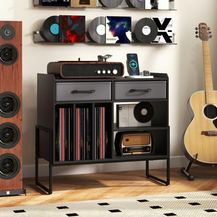Dreamade Large Record Player Stand with Charging Station Mid Century Modern Vinyl Storage Cabinet