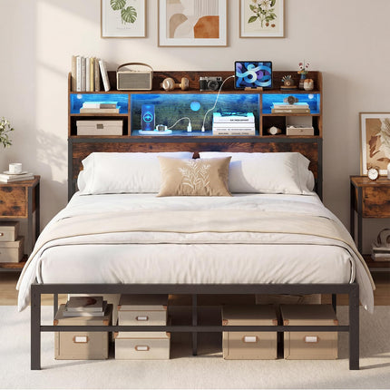 Dreamade Full Size Industrial Metal Bed Frame with LED Lights & Charging Station