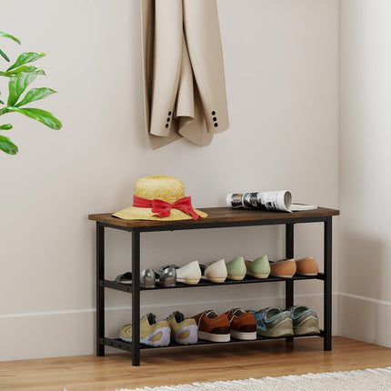 Dreamade 3-Tier Shoe Bench 32" L Shoe Organizer Storage Bench with Metal Slat Shelves & Seat