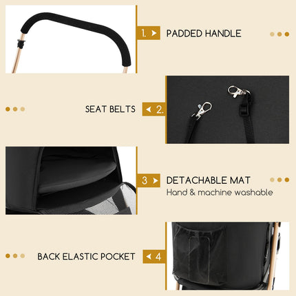 Dreamade Pet Stroller 3-in-1, Folding Dog Stroller Detachable Carrier Car Seat (Black & Gold)