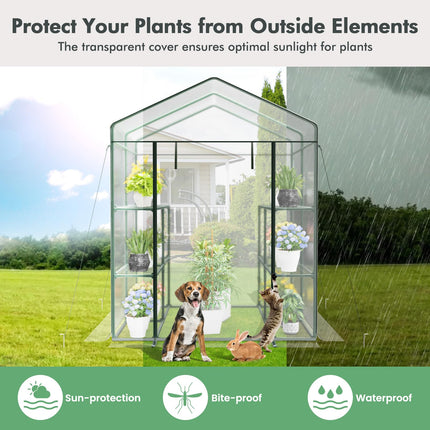 Dreamade Walk-in Greenhouse w/ 3 Tiers 4 Shelves, 4 Ground Stakes & Ropes, PVC Cover