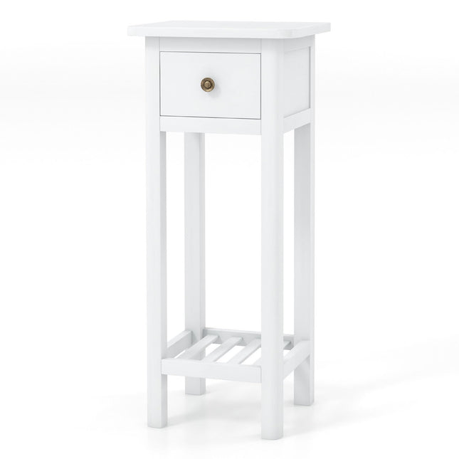 Dreamade Narrow End Table with Drawer, Tall Acacia Wood Side Table with Bottom Shelf, Modern Bedside Tables