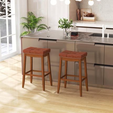 Dreamade Bar Stools Set, 29" Counter Height Bar Stools w/Saddle Seat, Footrest, Rivet, Button Tufted, Rubber Wood Frame