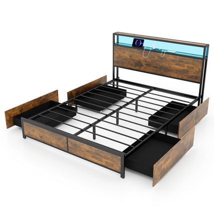 Dreamade Queen/Full Bed Frame with LED Lights Headboard and 4 Storage Drawers