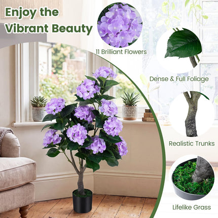 Dreamade 2 Pack Artificial Hydrangea Tree w/11 Flowers & Realistic Trunk in Plastic Nursery Pot