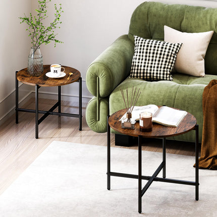 Dreamade Round Coffee Table Set of 2, Nesting Tables with Metal Frame, Imitated Wood Grain Top