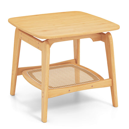 Dreamade Rattan Side Table, Boho End Table with Storage Shelf, 2-Tier Bedside Table for Small Spaces