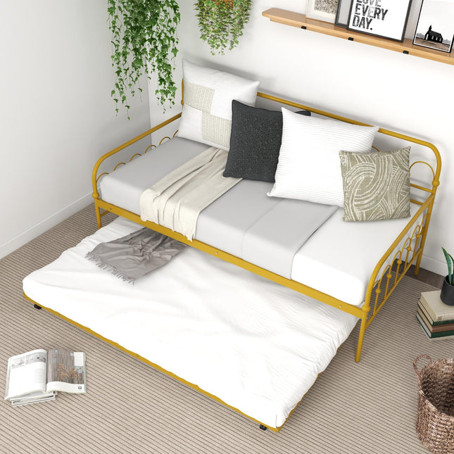 Dreamade Twin Daybed with Trundle Gold, Metal Day Bed with Convenient Pull-Out Trundle Bed