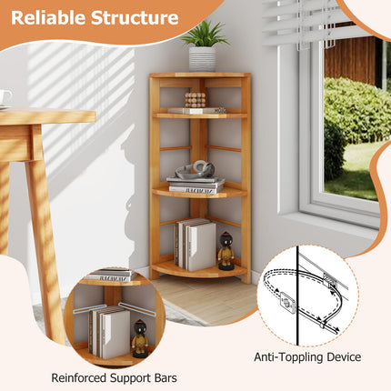 Dreamade 4-Tier Corner Shelf, 34" Bookshelf with Rubber Wood Frame, Anti-Toppling Kit