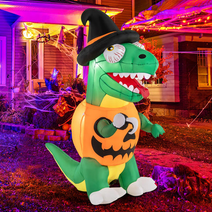 Dreamade 6 FT Inflatable Pumpkin Dinosaur, Blow up Yard Decoration with Built-in LED Lights & Witch Hat