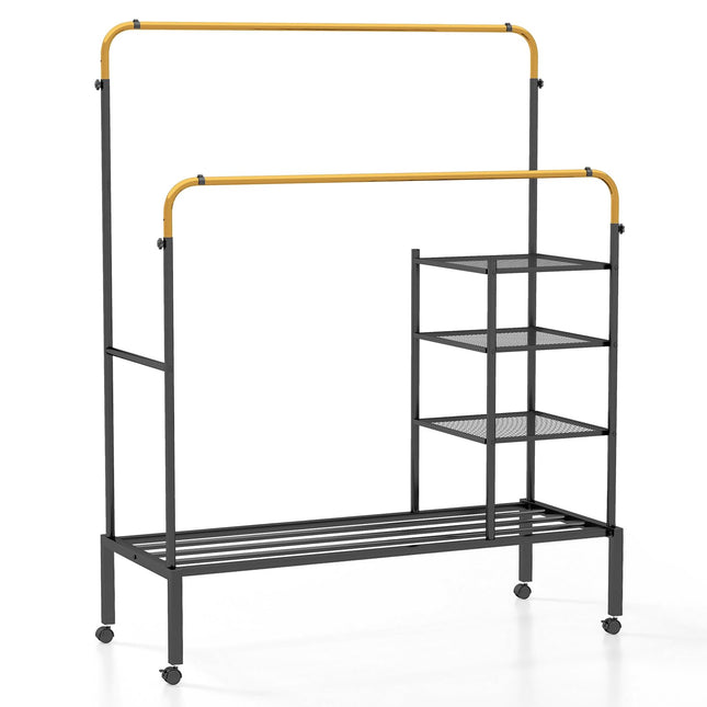 Dreamade Double Rods Garment Rack with Wheels, Clothing Rack w/ 2 Hanging Height Adjustable Rods, Side Mesh Racks