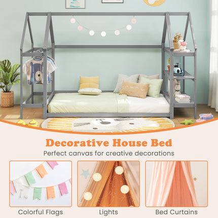Dreamade Twin Floor Bed, Wood Montessori Floor Bed with Detachable 3 Tier Storage Bookshelf & Clothes Rack