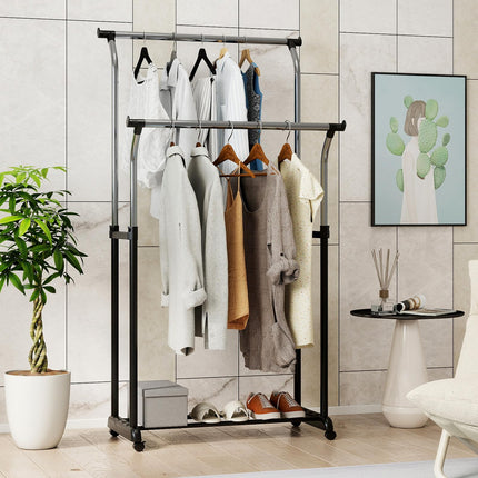 Dreamade Double Rod Clothing Rack with Adjustable Height & Wheels