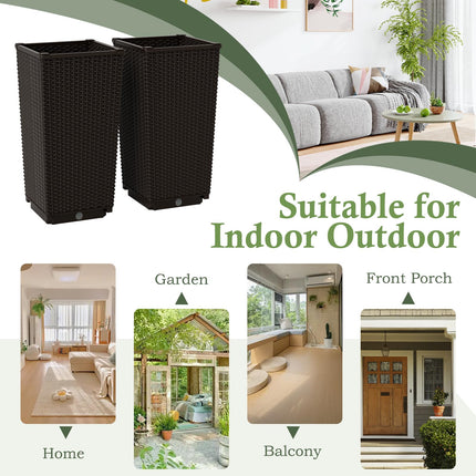 Dreamade Set of 2 Outdoor Wicker Flower Pot, 23 Inch Tall Planters with Drainage Hole, Self-Watering Tray