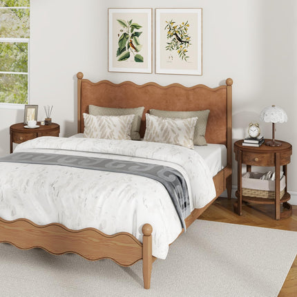 Dreamade Round Side Tables Set of 1/2 | 2-Tier Retro End Tables with Drawer & Shelf