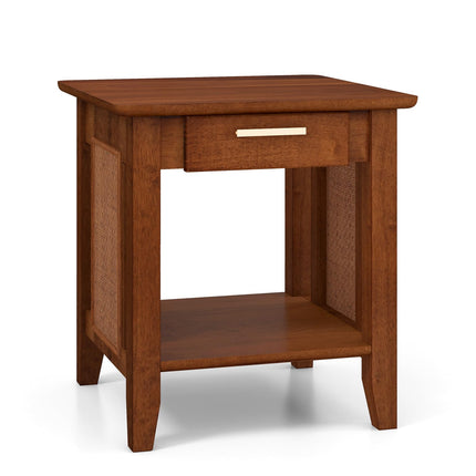 Dreamade Rattan Nightstand with Drawer, Mid Century End Table with Storage Shelf, Sofa Side Table with Solid Rubber Wood Legs