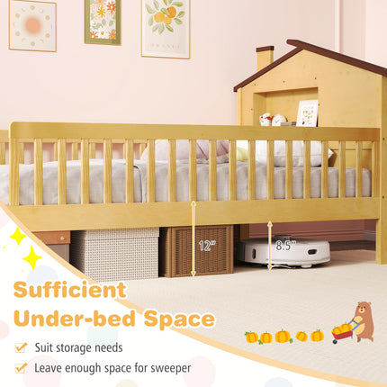 Dreamade Twin Bed Frames for Kids, Solid Wood Montessori Bed with House-Shaped Headboard & Built-in Storage Shelf