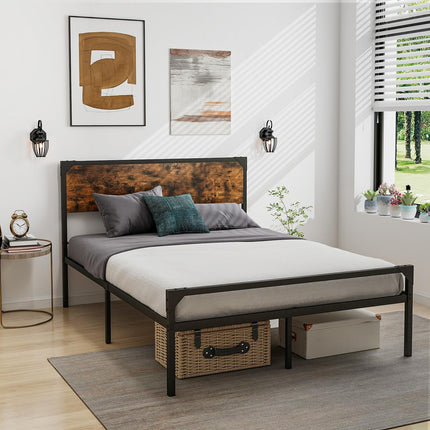 Dreamade Full Size Bed Frame with Rustic Headboard & Footboard, Strong Metal Slat Support Mattress Foundation