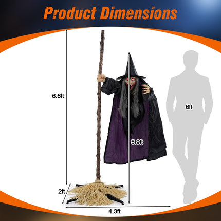 DREAMADE 6.6 FT Halloween Animatronics Flying Witch on Broom Decorations