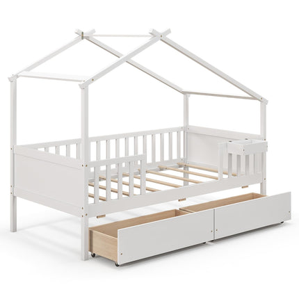 Dreamade Twin House Bed with Drawers, Wooden Twin Bed Frame with Cube Storage & Fence Rails