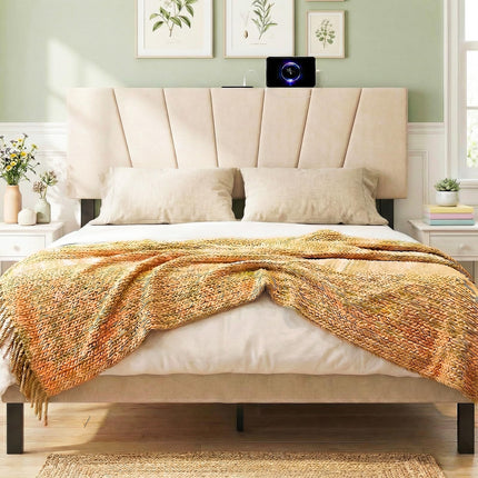 Dreamade Geometric Upholstered Head Board with USB & Type-C Ports