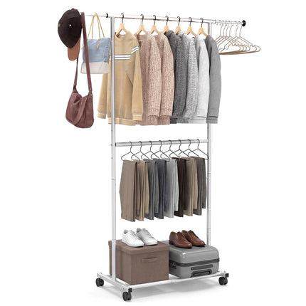 Dreamade Extendable Double-Rod Rolling Clothing Rack for Hanging Clothes