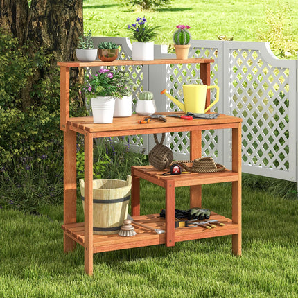 Dreamade 4-Tier Potting Bench, Solid Wood Gardening Workstation w/Open Storage Shelves