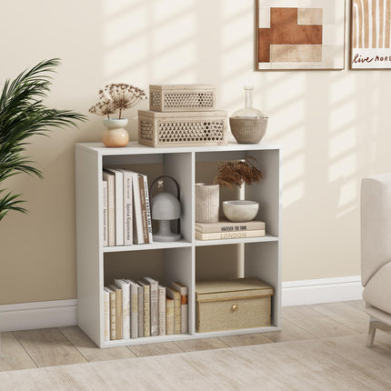 Dreamade 4-Cube Bookcase, White Cubby Bookshelf w/Back Guardrail & Anti-Tipping Kits