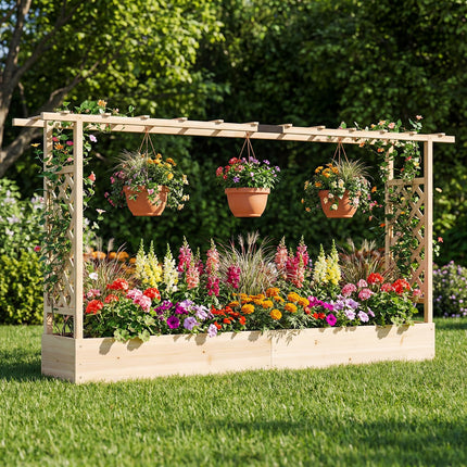 Dreamade Wooden Raised Garden Bed with Trellis & Hanging Roof