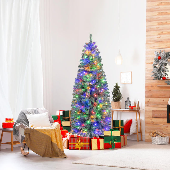 Dreamade 6.5ft Pre-Lit Blue Slim Pencil Christmas Tree with 200 Warm White & Multicolored LED Lights, 9 Modes, 556 Branch Tips