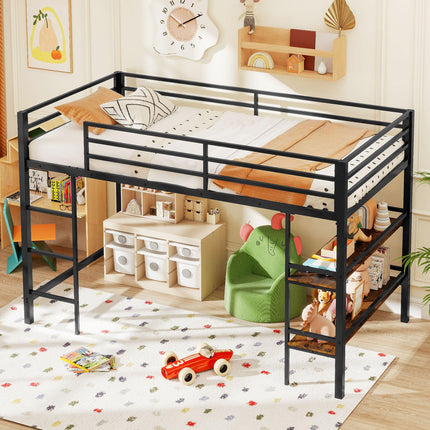 Dreamade Low Loft Bed Twin Size Heavy Duty Metal Frame w/Storage Shelves