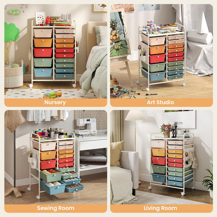 Dreamade 15 Drawer Storage Cart | Rolling Craft Cart with Metal Tabletop & Pegboard