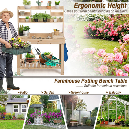 Dreamade Garden Potting Bench Table, Large Workbench Table with Shelves, 43.5"x19.5"x 60.5"