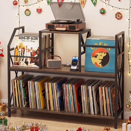 Dreamade Large Record Player Stand with Charging Station & Dividers for Albums