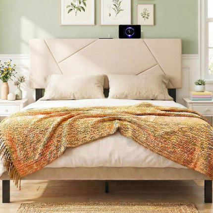 Dreamade Geometric Upholstered Head Board with 2 AC Outlets for Queen and Full Size Bed