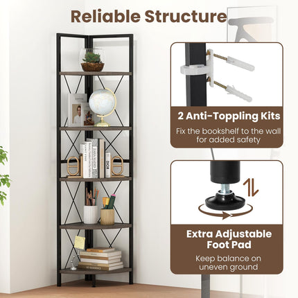 Dreamade 5-Tier Corner Shelf, 63" Tall Corner Bookshelf, Freestanding Storage Rack w/Metal Frame