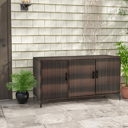 Dreamade 84-Gallon Wicker Deck Box - Patio Storage Cabinet, 3-Door PE Rattan Storage Container with Removable Shelves