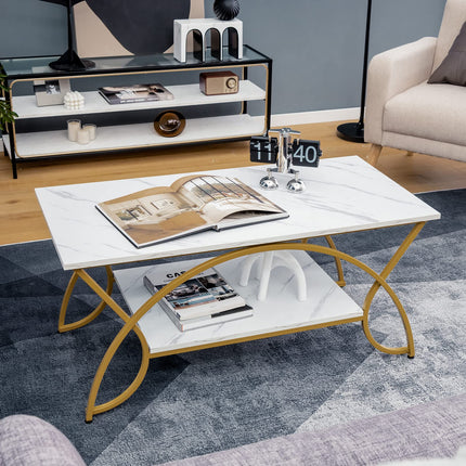 Dreamade 2-Tier Rectangular Coffee Table, Modern Chic Cocktail Table with Open Storage Shelf, White/Gold