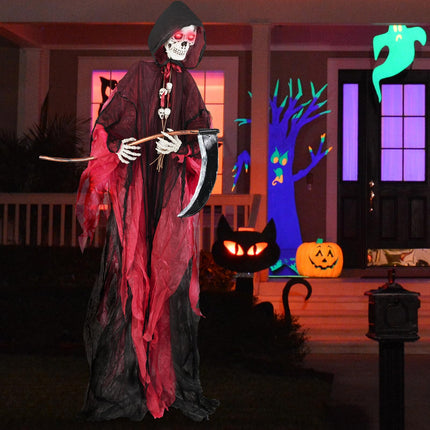 Dreamade 8 Ft Halloween Animatronics, Sound & Touch Activated Grim Reaper with Sickle, Glowing LED Eyes & Scary Voices