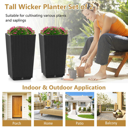 Dreamade Outdoor Wicker Flower Pot Set of 2, 22.5” Tall Planters with Drainage Hole, Self-Watering Tray