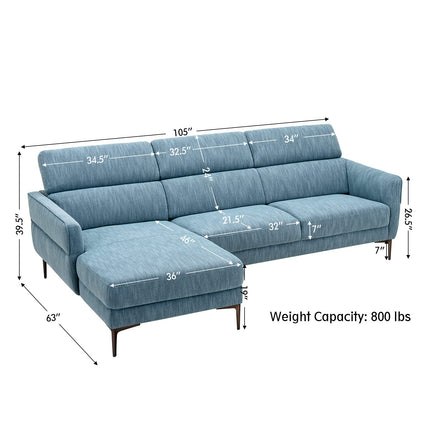 Dreamade L-Shaped Sofa Couch, 3-Seat Upholstered Sofa with Wide Chaise Lounge, Adjustable Headrest, Blue