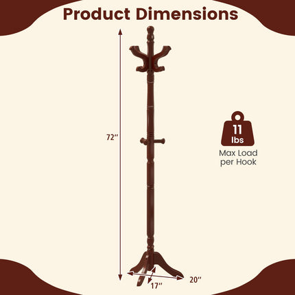 Dreamade Solid Wood Coat Rack Freestanding Hall Tree with 3 Adjustable Heights and 11 Hooks