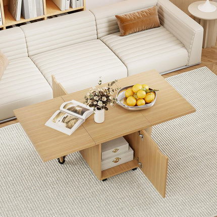 Dreamade Folding Coffee Table 48 Inch Drop Leaf Extendable Center Table with Storage Cabinet & Wheels