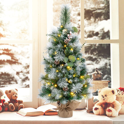 Dreamade 3ft Pre-Lit Mini Tabletop Christmas Tree with 30 Warm White LED Lights, Timer, 98 Flocked PVC & Pine Needles