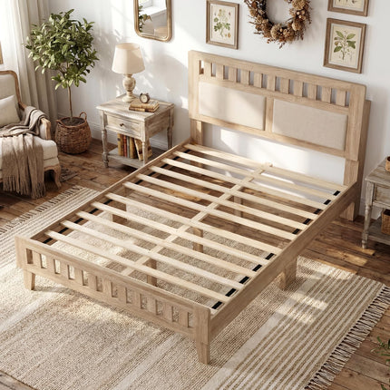 Dreamade Mid-Century Wood Bed Frame with Upholstered Headboard (Full/Twin/Queen)