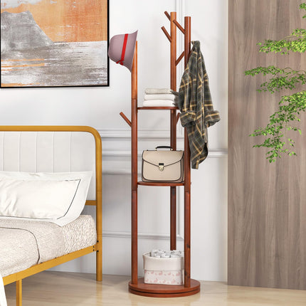 Dreamade Coat Rack Freestanding, Wooden Rotary Coat Tree w/ 3 Display Storage Shelves & 9 Hooks