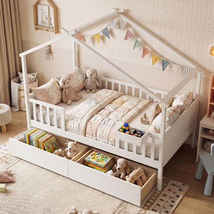 Dreamade Full Size House Bed with Roof and Fence Rails for Kid