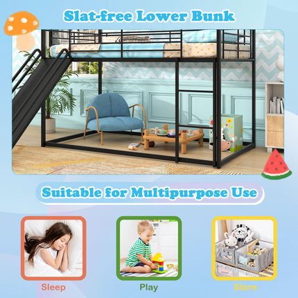 Dreamade Twin Over Twin Bunk Bed with Slide & Ladder House-Shaped Metal Bunk Bed Frame with Safety Guardrail & Roof